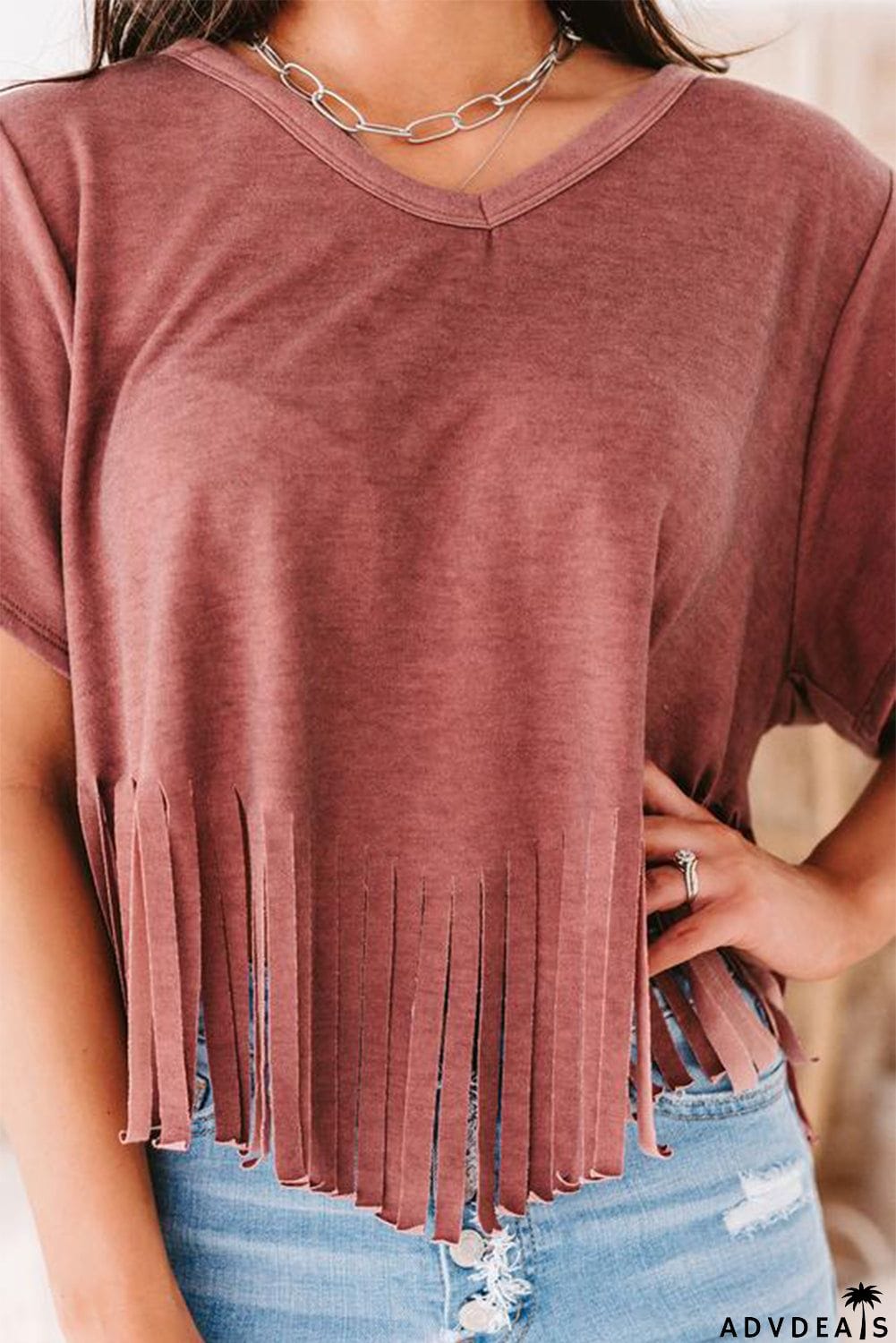 Fringe Hem V Neck T Shirt