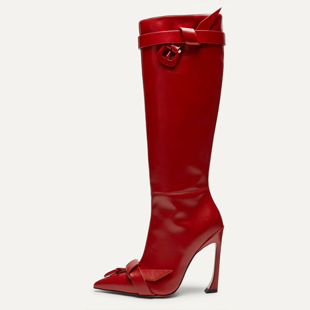 Chic Red Pointed Toe Buckle Knot Decor Knee High Heeled Boots