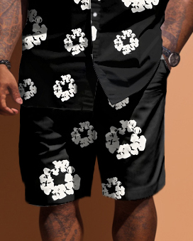 Men's Big & Tall Denim Tears Street Fashion Flower Pattern Print Short Sleeve Shirt Shorts Set