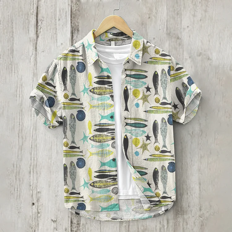 Vintage Fish Beach Art Linen Blend Shirt