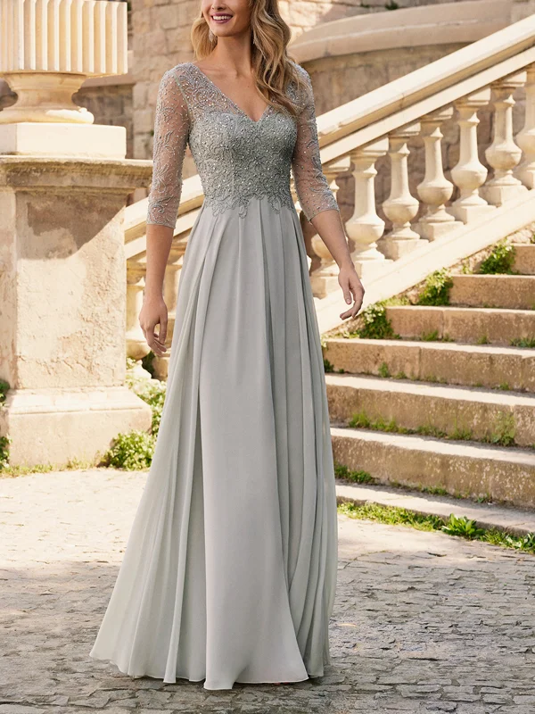 V-neck Solid Color Sequined Chiffon Maxi Dress