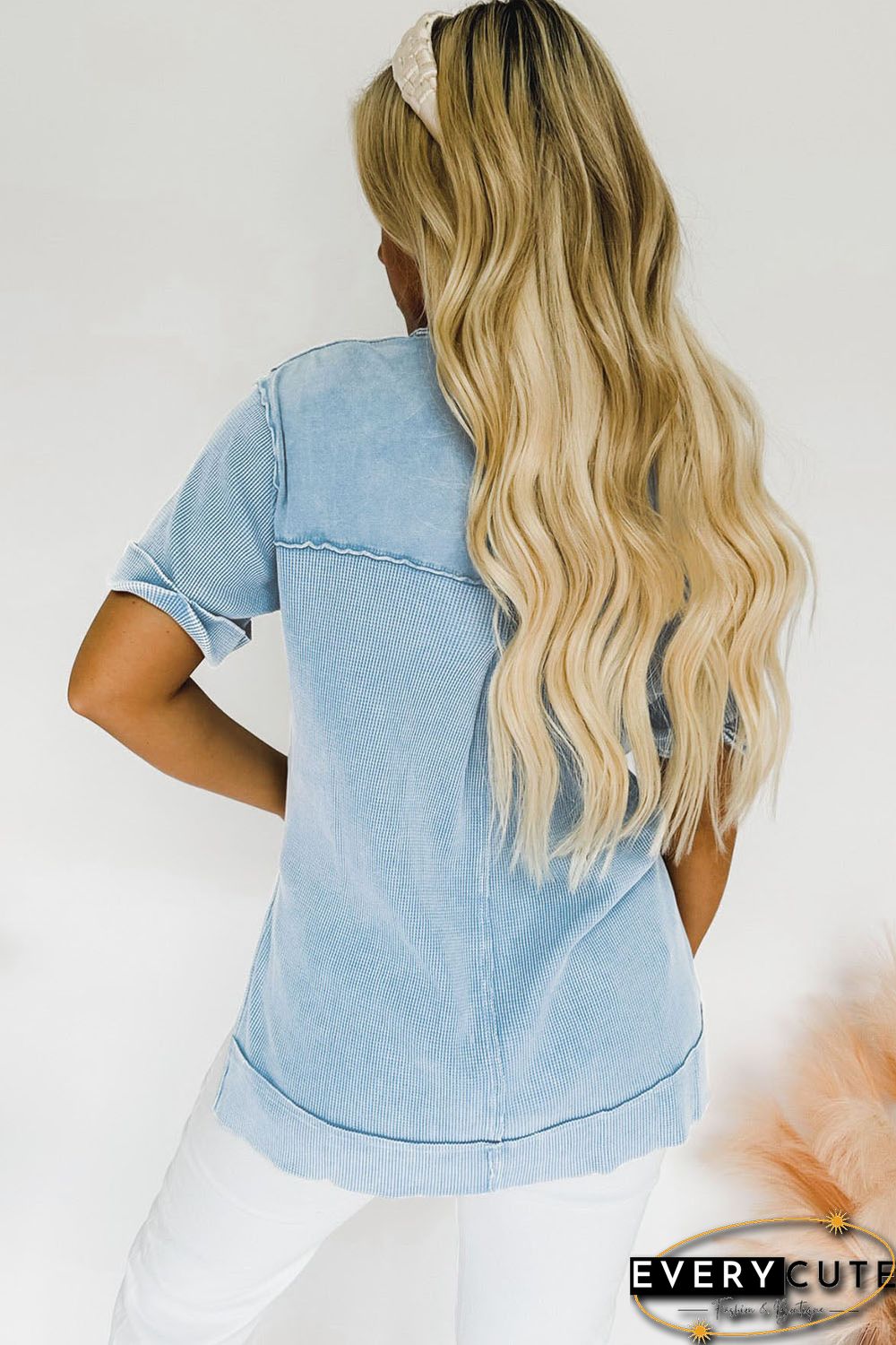 Sky Blue Acid Wash Waffle Knit Short Sleeve Buttoned Shirt