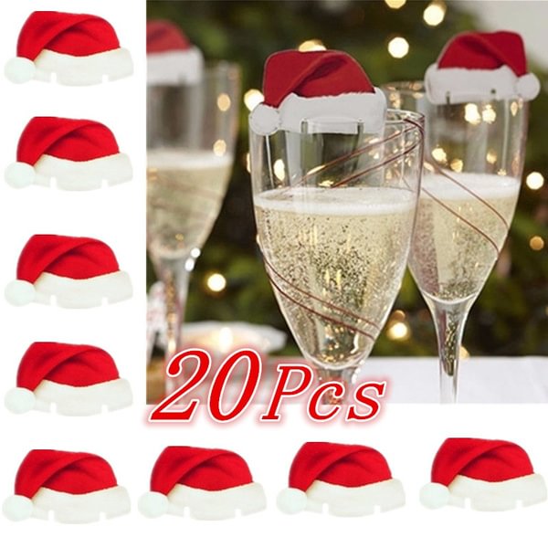 20 Pcs Christmas Hat Red Wine Cup Card Christmas Hat Cup Card Decoration Christmas Wine Cup Sign - Shop Trendy Women's Fashion | TeeYours