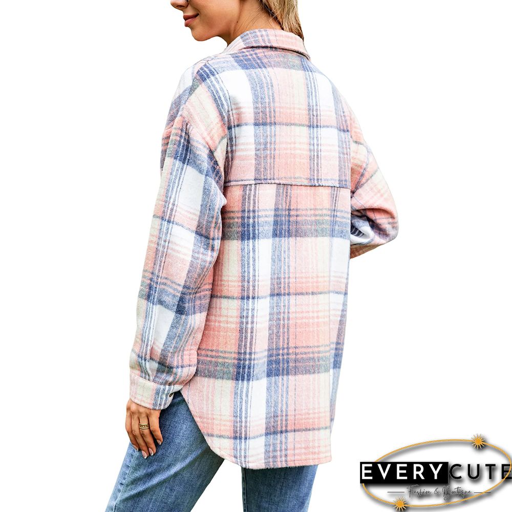 Pink Plaid Print Button Shacket with Pocket