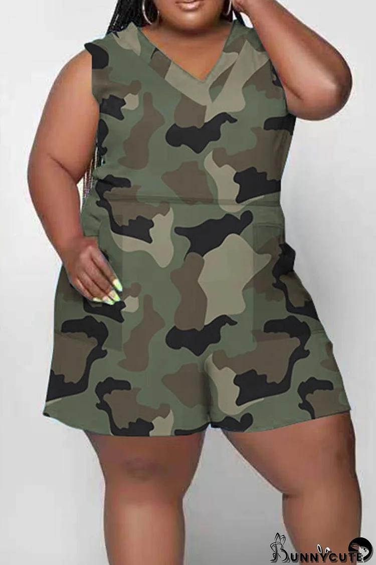 Army Green Casual Print Camouflage Print Split Joint V Neck Plus Size Jumpsuits