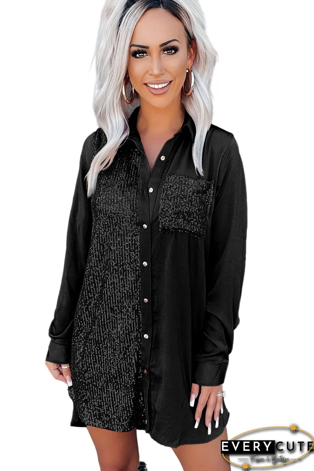 Black Sequin Splicing Pocket Buttoned Shirt Dress