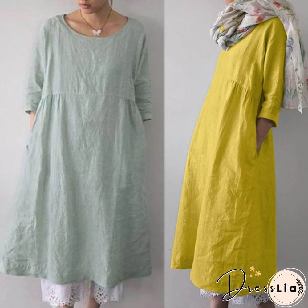 ZANZEA Women O-Neck 3/4 Sleeve Solid Color Loose Shirt Dress Kaftan Dress Plus Size S-5XL