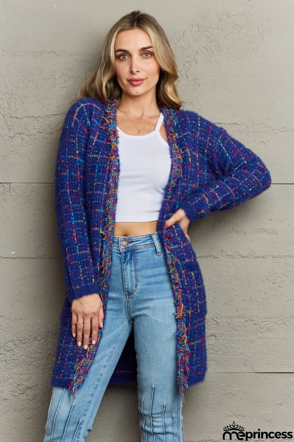 Plaid Fringe Trim Open Front Longline Cardigan