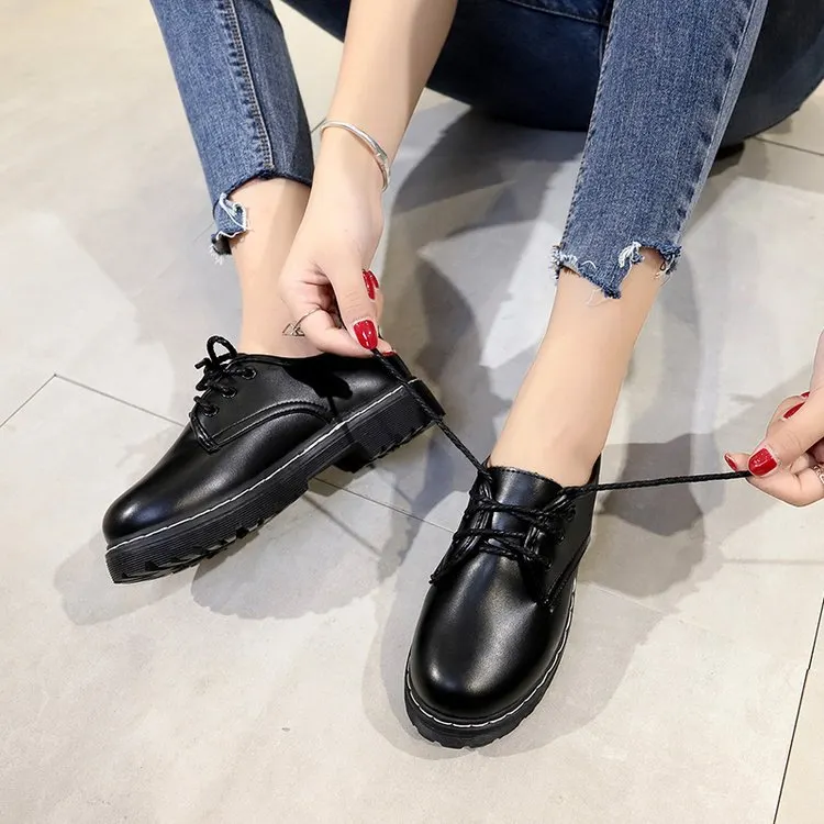 Yyvonne Leather Shoes Female British College Wind With Thick Heel Pure Color Casual Single Shoes Black Round Head Students With Single Shoes Women