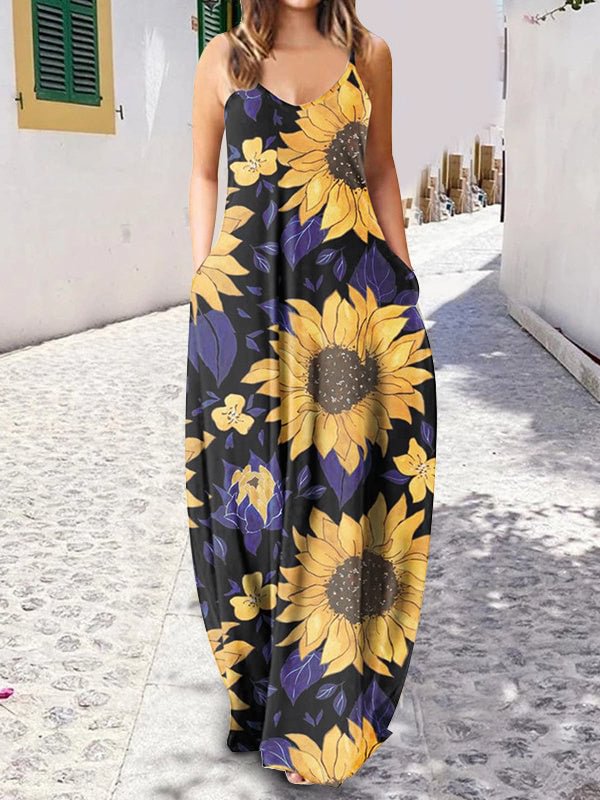 Women Sleeveless V-neck Graphic Maxi Dress
