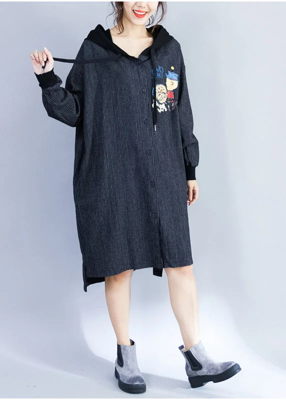 Style Hooded Cotton Wardrobes Pattern Black Striped Knee Dresses Spring