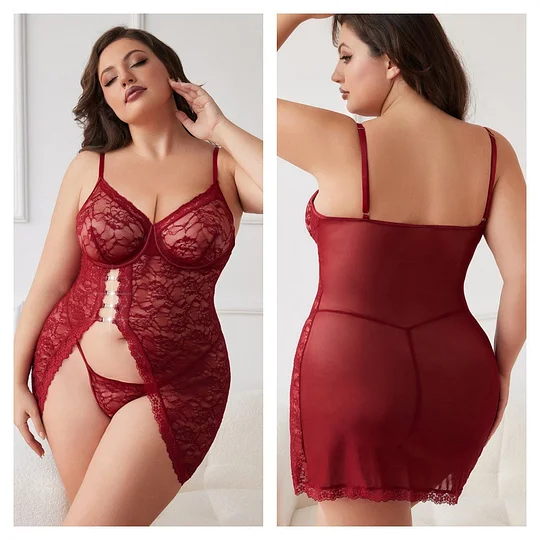 Lovingerie - Large Size Sexy Lace Transparent Set with Suspender Slit Style Lingerie Two Piece Set