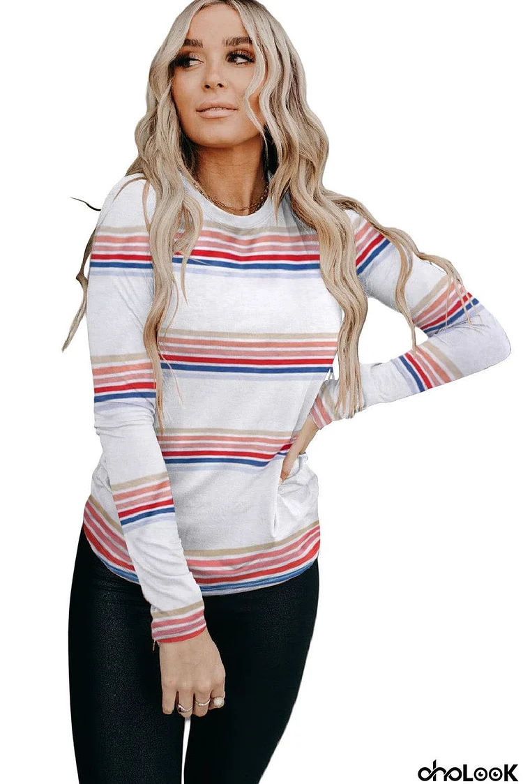 Stripe Print Crew Neck Long Sleeve Top