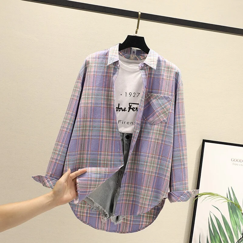 Women Blouses Shirts Tunic Womens Tops 2020 Long Sleeve Clothing Button Up Down Plaid New Fashion Autumn Turn-down Collar Good