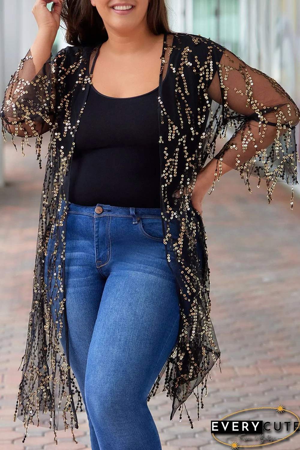 Black 3/4 Bell Sleeve Sequin Sheer Kimono