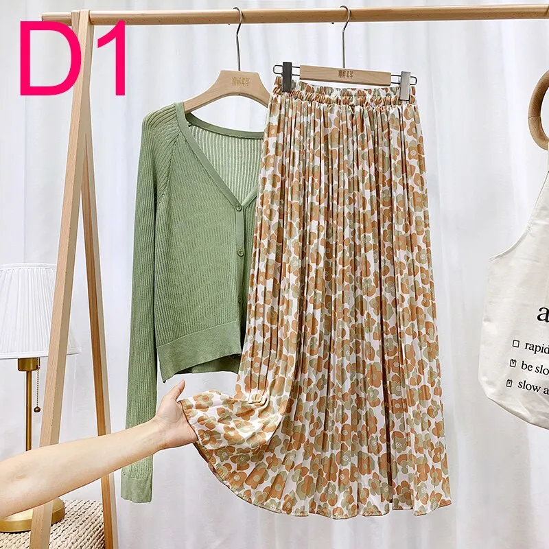 Summer Skirts Womens 2020 New Vintage Floral Print Chiffon Pleated Skirt Elastic High Waist Casual Midi Skirt Women Clothes Jupe