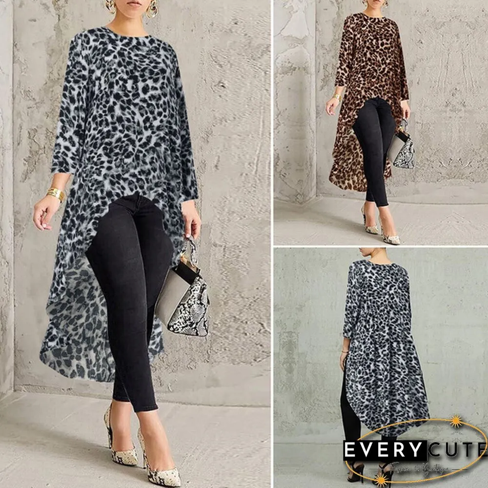 Fashion Women Leopard High Low Tops Crew Neck Long Sleeve Spring Baggy Blouses Chemisier