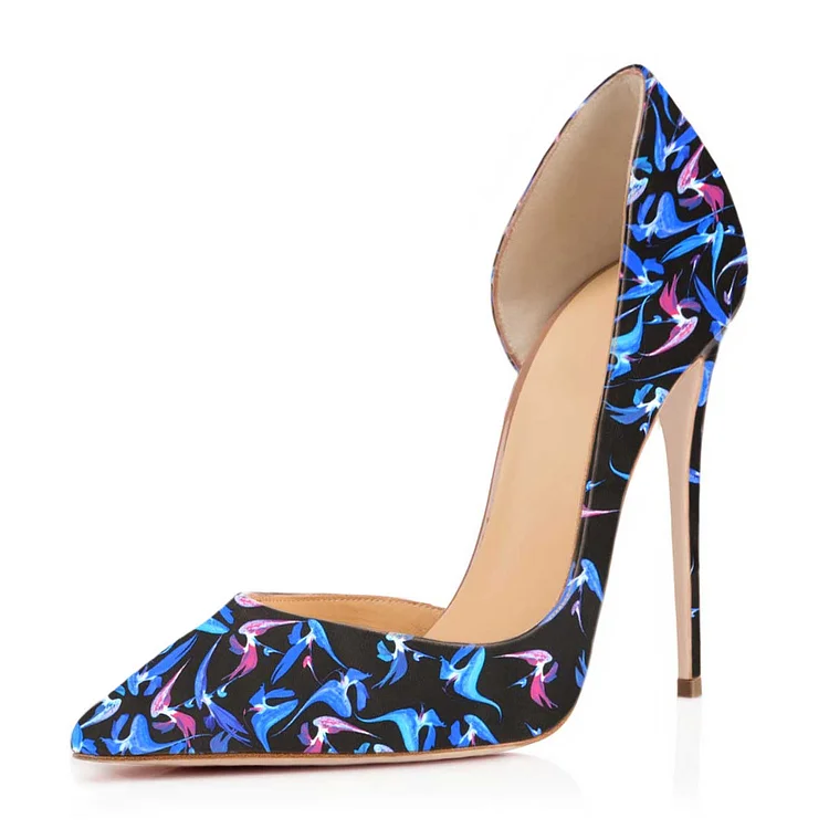 Women's Esther Blue Floral Heels Pointed Toe Stiletto Heel Dorsay Pumps |FSJ Shoes