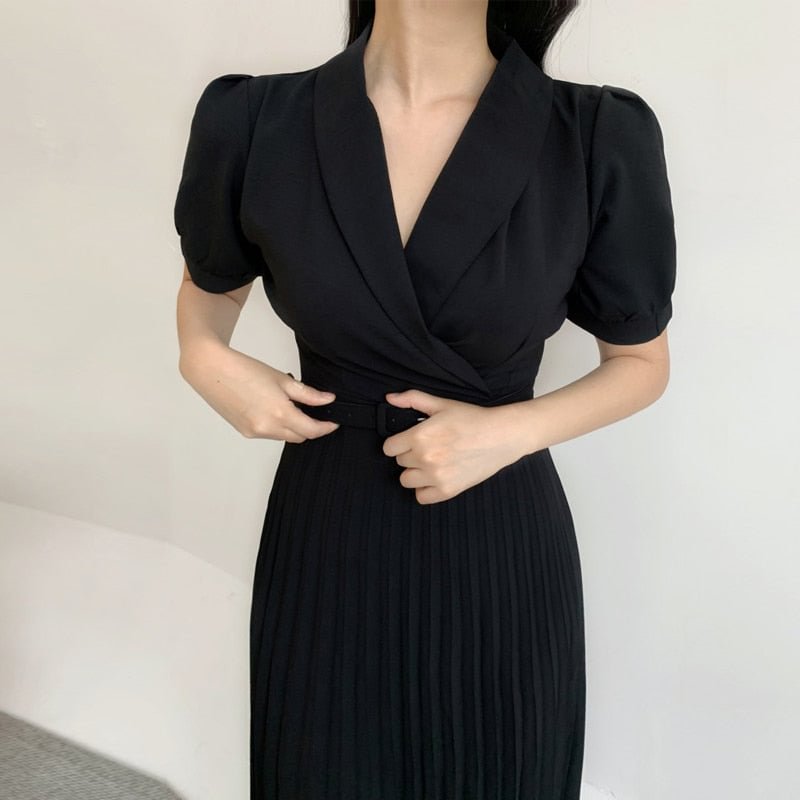 Summer Women Elegant Waist Belt Solid Ankle-Length Dress Office Lady Puff Sleeve Pleated Dress 2021 Fashion