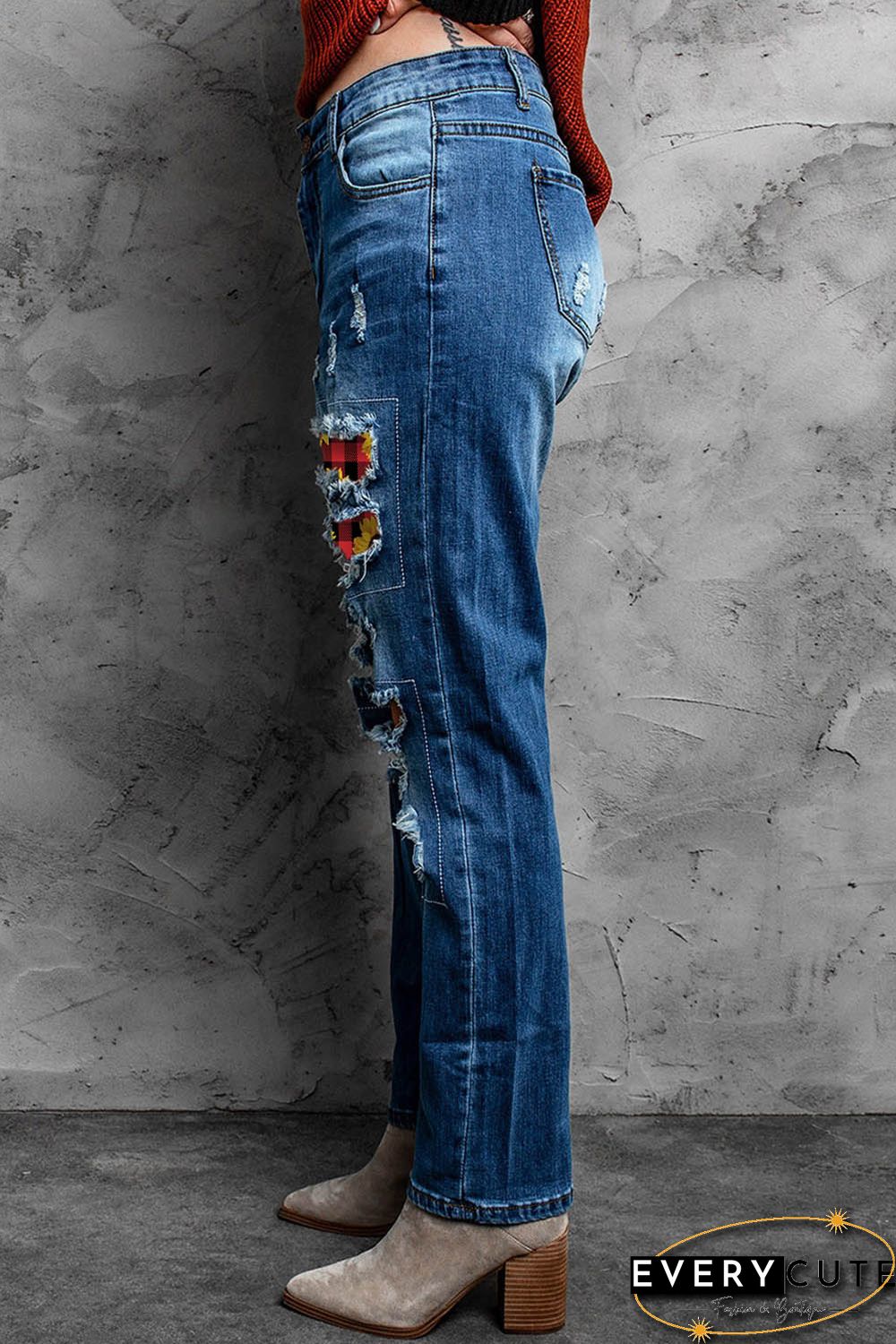 Sunflower Plaid Patch Ripped Boyfriend Jeans