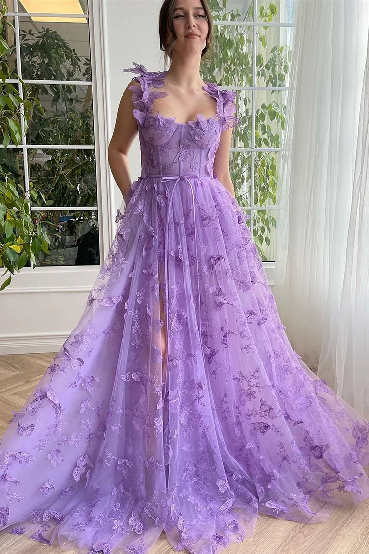 Wedding Purple Tulle 3D Lace Butterfly Square Neck Slit Maxi Dress