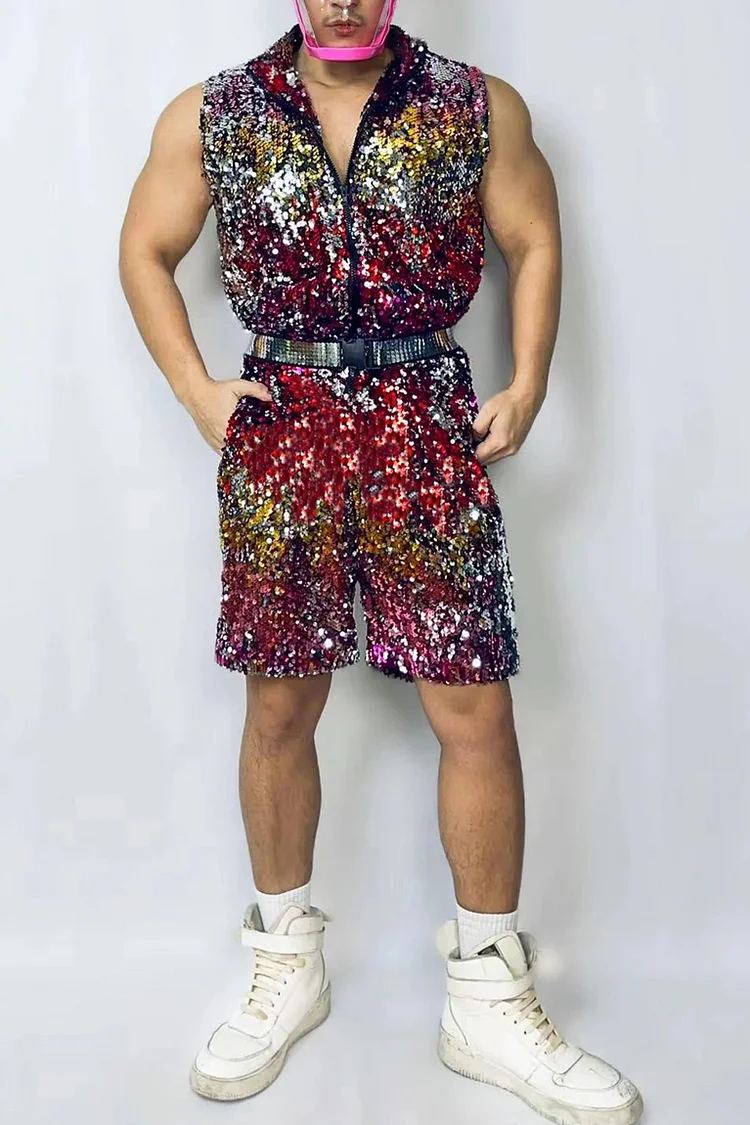Ciciful Men's Shining Gradient Sequin Sleeveless Shorts Romper Suits (Without Belt)