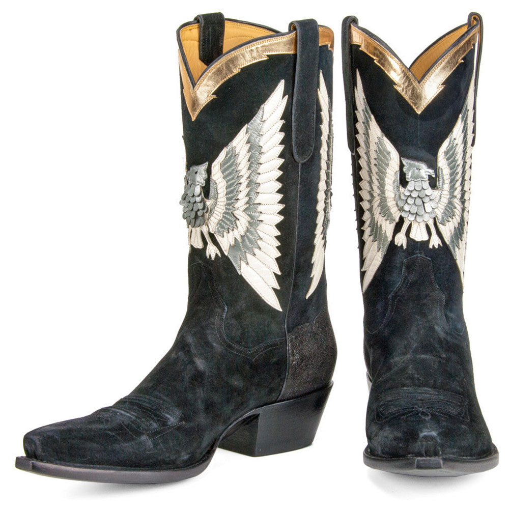 Black Snip Toe Chunky Heel Mid-Calf Eagle Inlay Decor Cowgirl Boots Nicepairs