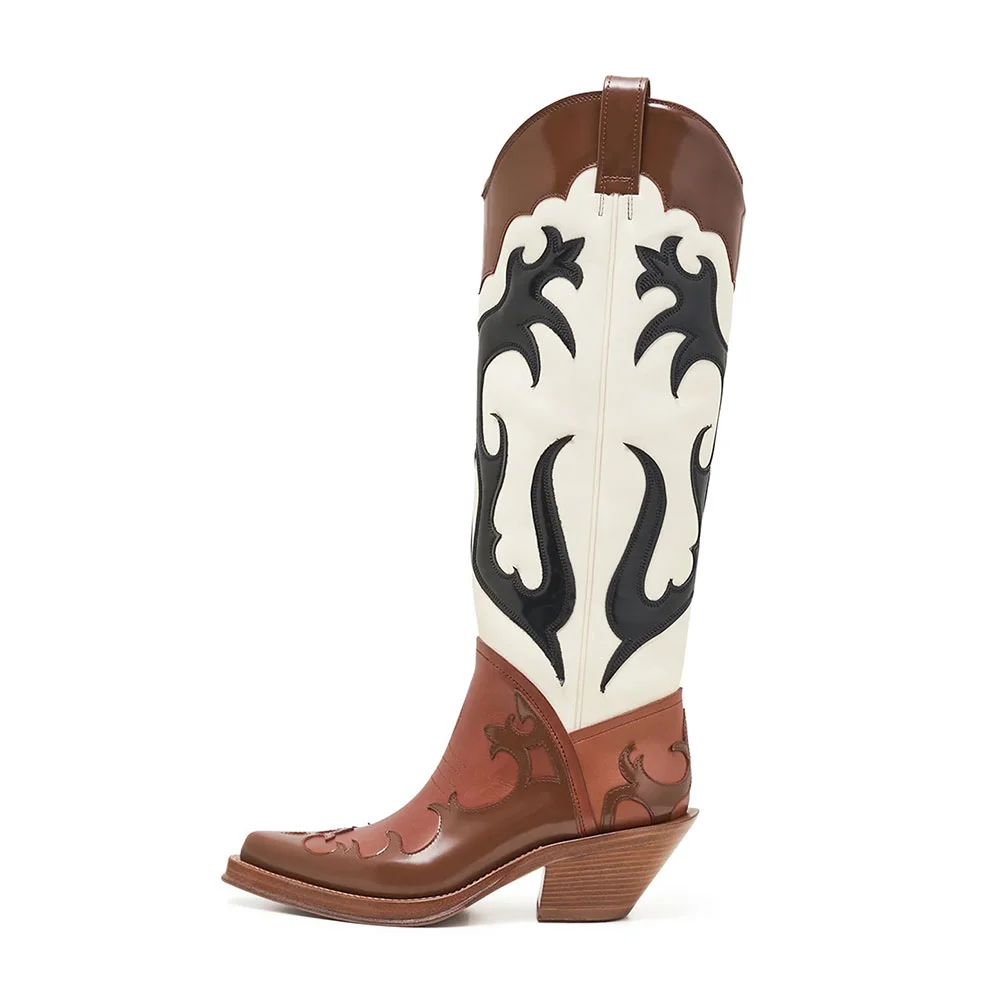 Chic Multicolor Chunky Low Heel Pull On Western Boots with Stitching