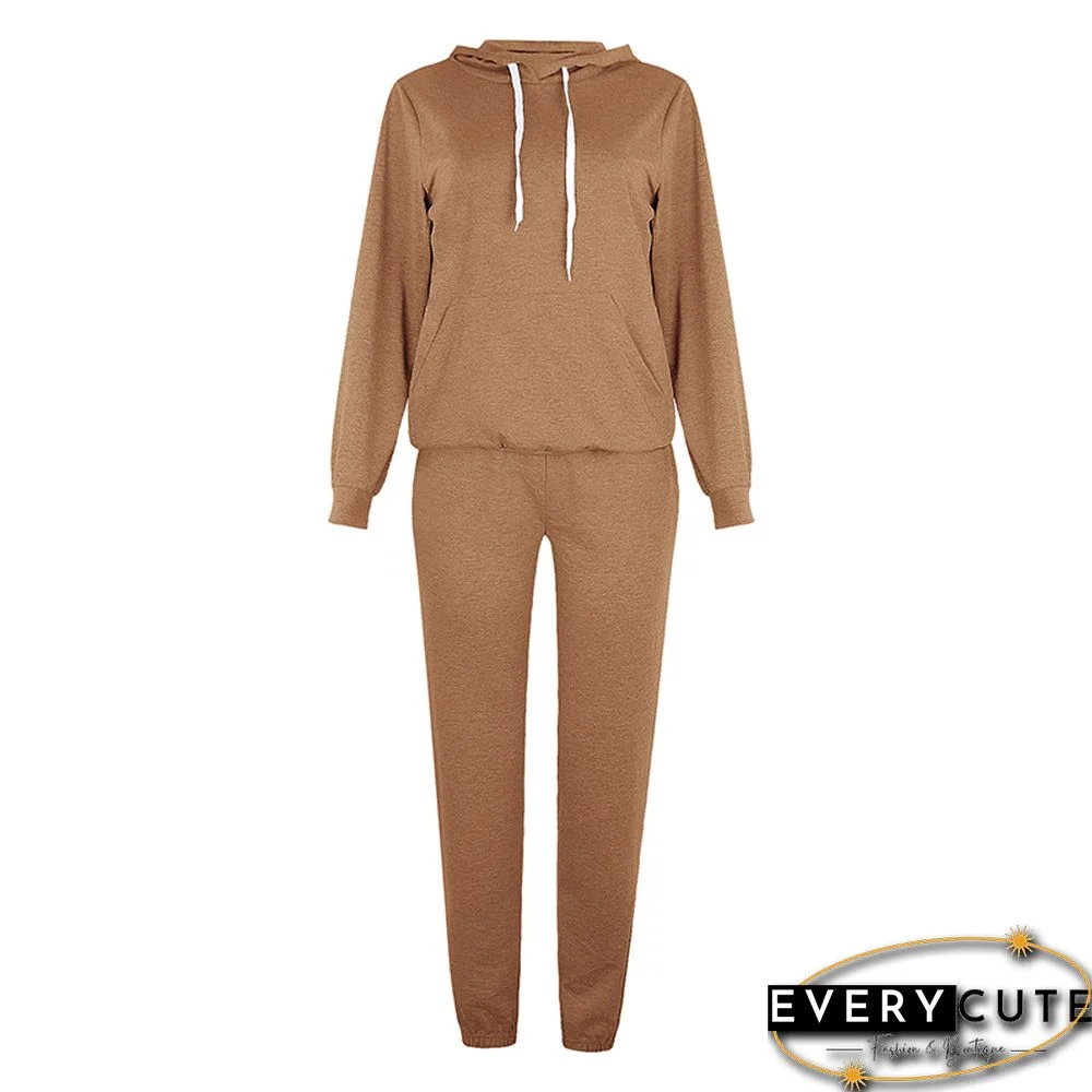 Khaki Drawstring Hoodie with Pant Set