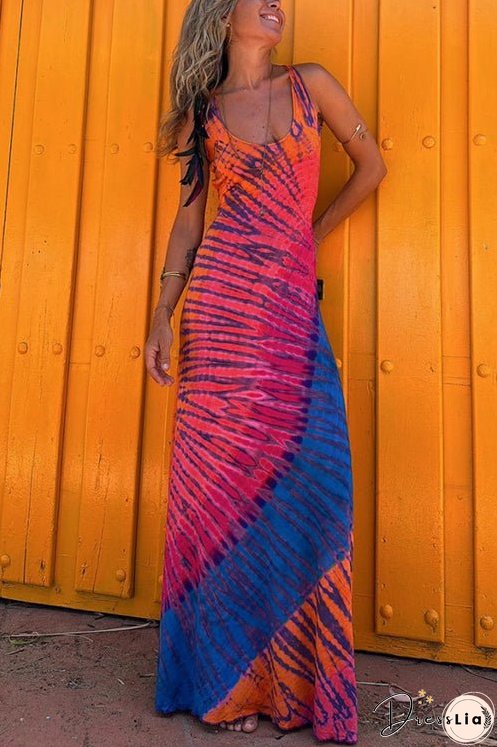 Back Criss Cross Sleeveless Color Block Tie Dye Maxi Dress