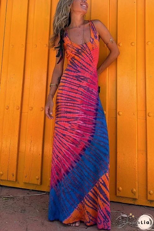 Back Criss Cross Sleeveless Color Block Tie Dye Maxi Dress