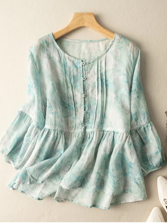 Women'S Ramie Floral Crew Neck 3/4 Sleeve Loose Blouse