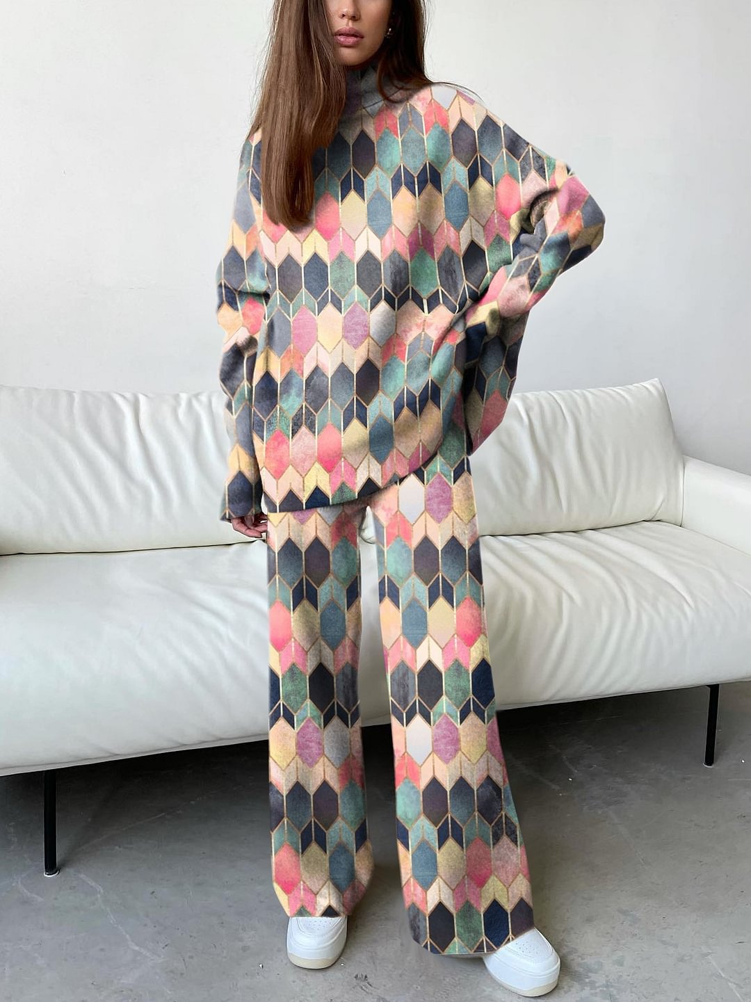 Women's Fashion Colorful Geometric Rectangle Loose High Collar Suit