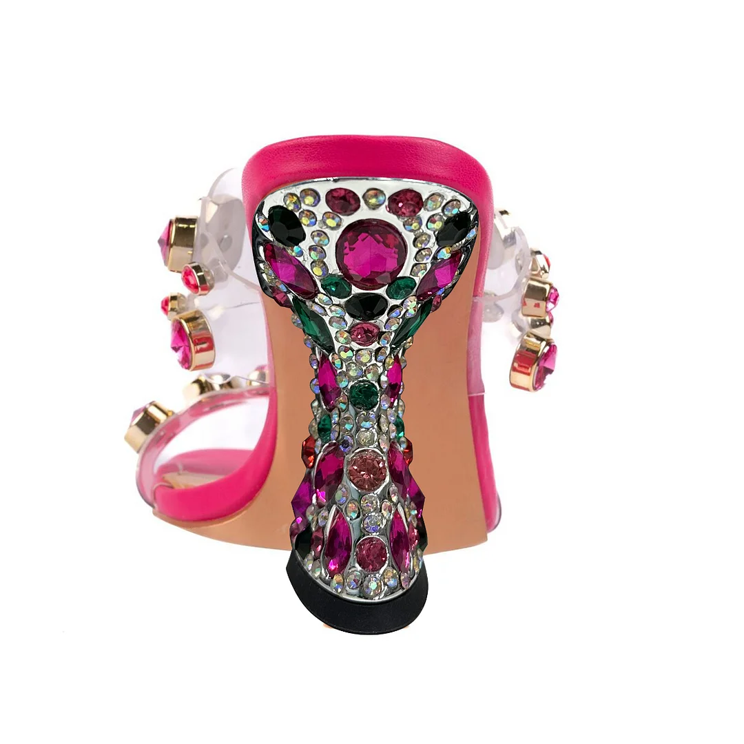 Hot Pink Vegan Leather Square Toe Mules with Colorful Decorative Heels