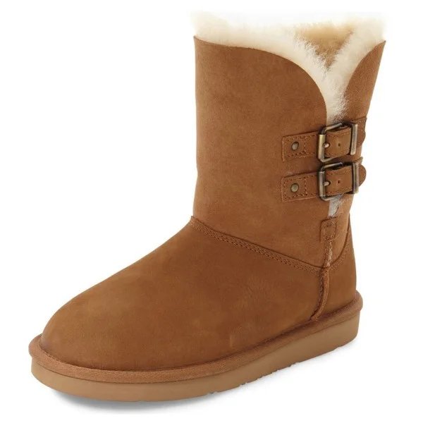 Light Brown Winter Boots Round Toe Flat Comfy Mid Calf Snow Boots Nicepairs