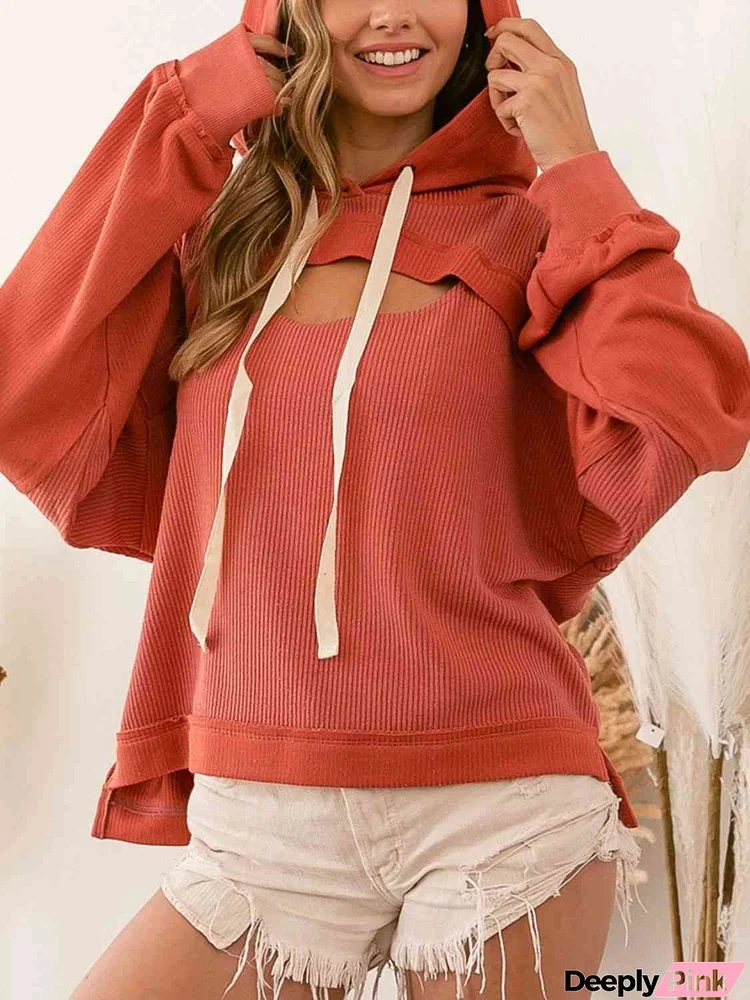 Cutout Drawstring Drop Shoulder Hoodie