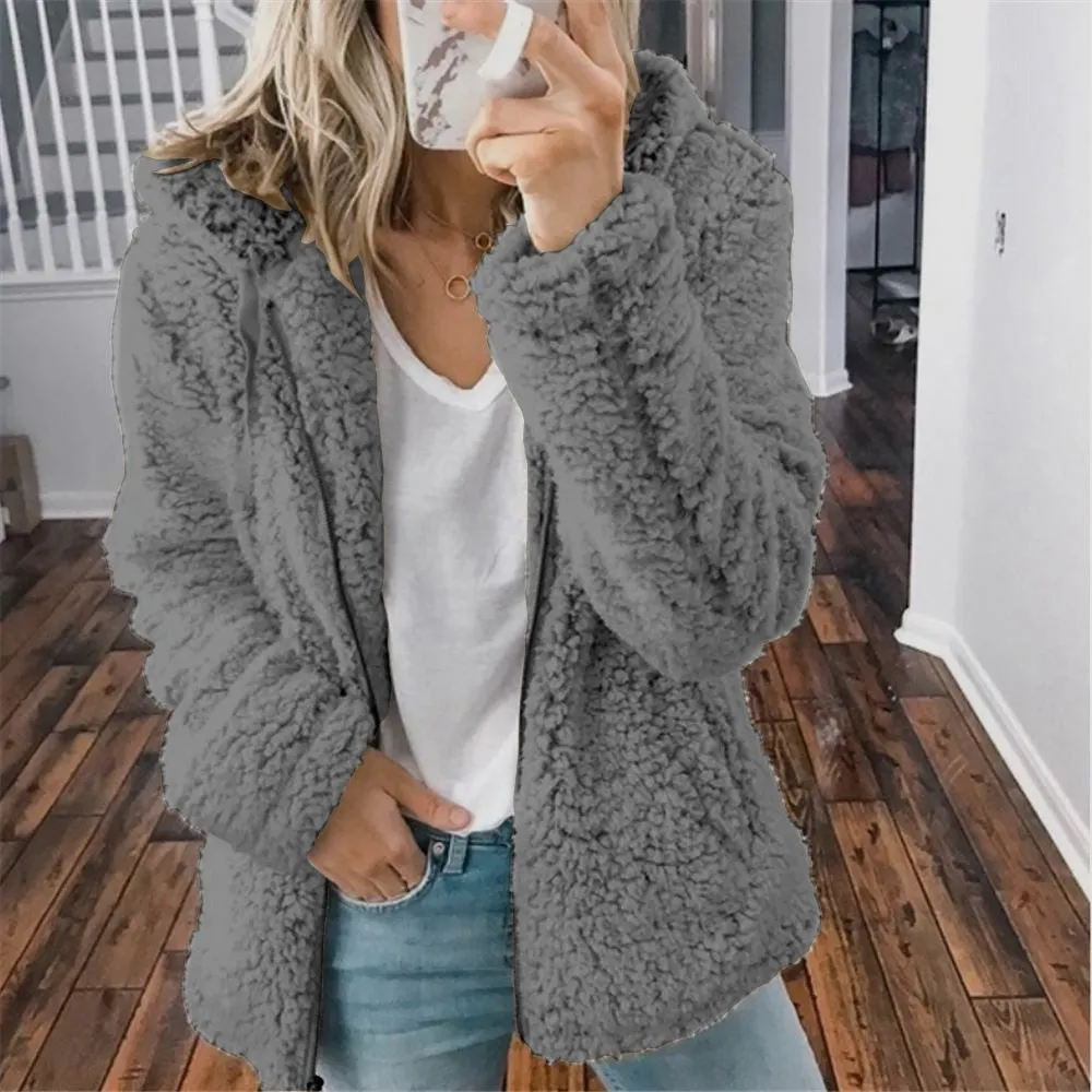 2021 new women's hooded woolen fleece autumn and winter jacket