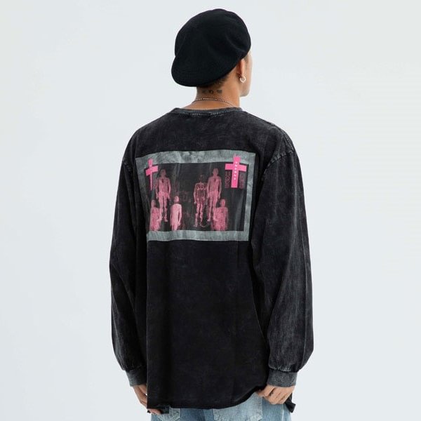 Streetwear Vintage Cross Ghost Graphic Mens Oversize Long Sleeve T-Shirt-VESSFUL