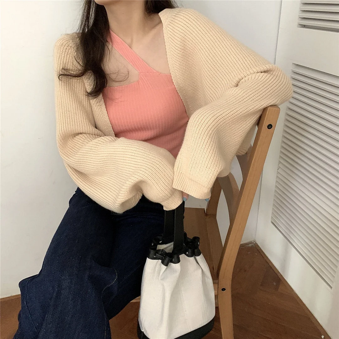 Cardigan Women Open Stitch Short Knitted Solid Lantern Sleeve Vintage Retro Korean Style Chic Streetwear Simple All-match Casual
