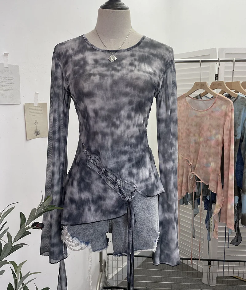 Uveng Irregular Tie With Lotus Leaf Side Tie Print Mesh Yarn Perspective Sunscreen Shirt T-Shirt T-Shirt Short T-Shirt 9928