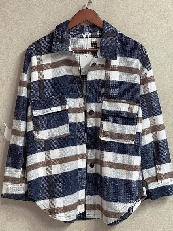 Women's Long Sleeve V-neck Plaid Graphic Printed Coats