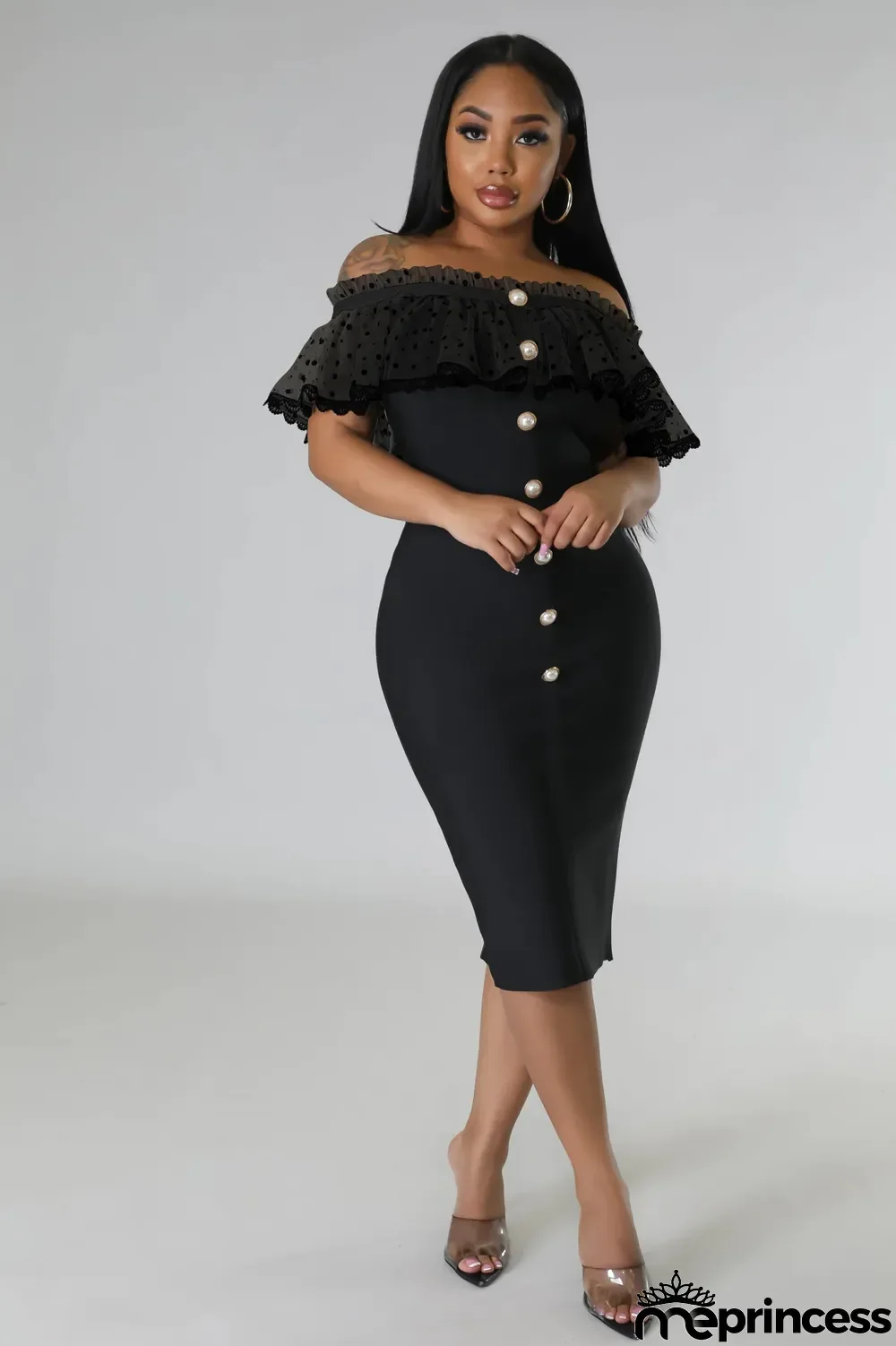 Mesh Ruffle Patchwork Off Shoulder Midi Dress