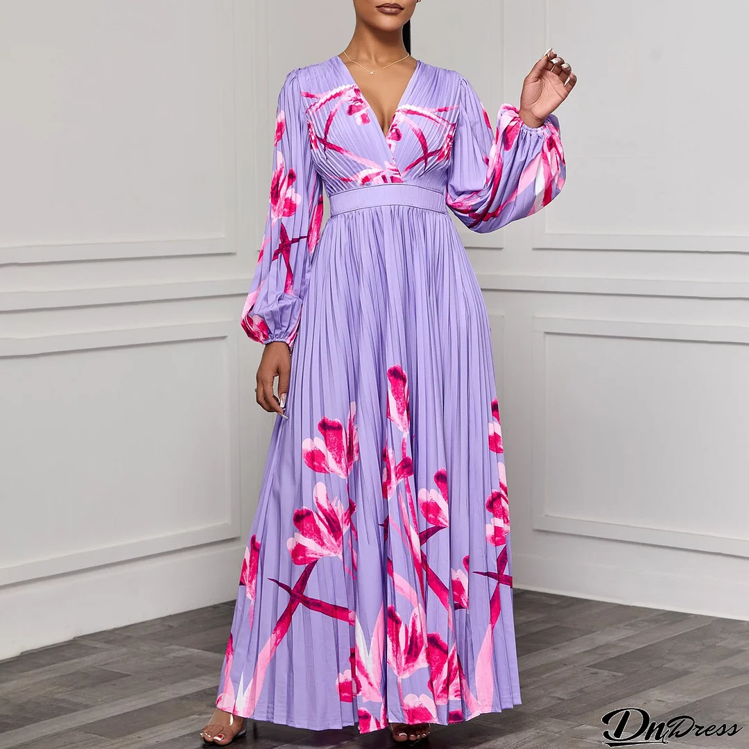 Women's V-Neck Long Sleeve Printed Pleated Chic Long Dress