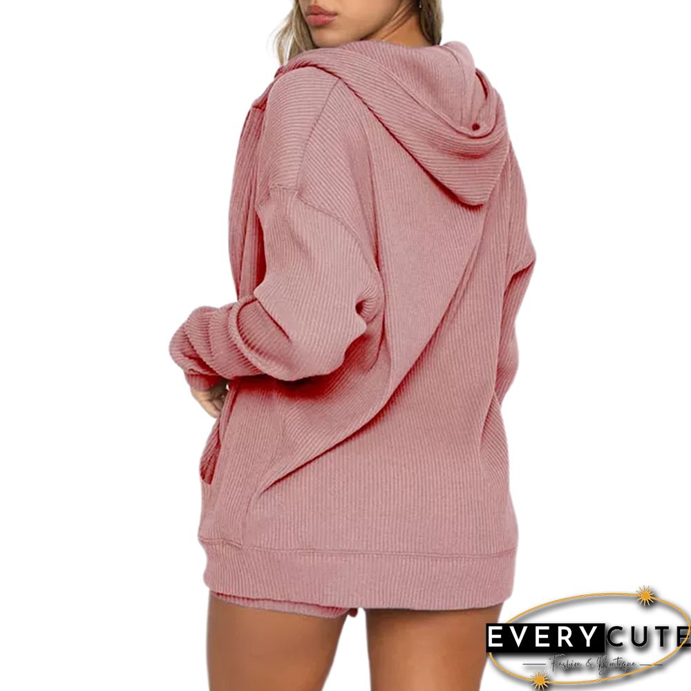 Pink Ribbed Zipper Hoodie with Shorts Lounge Set