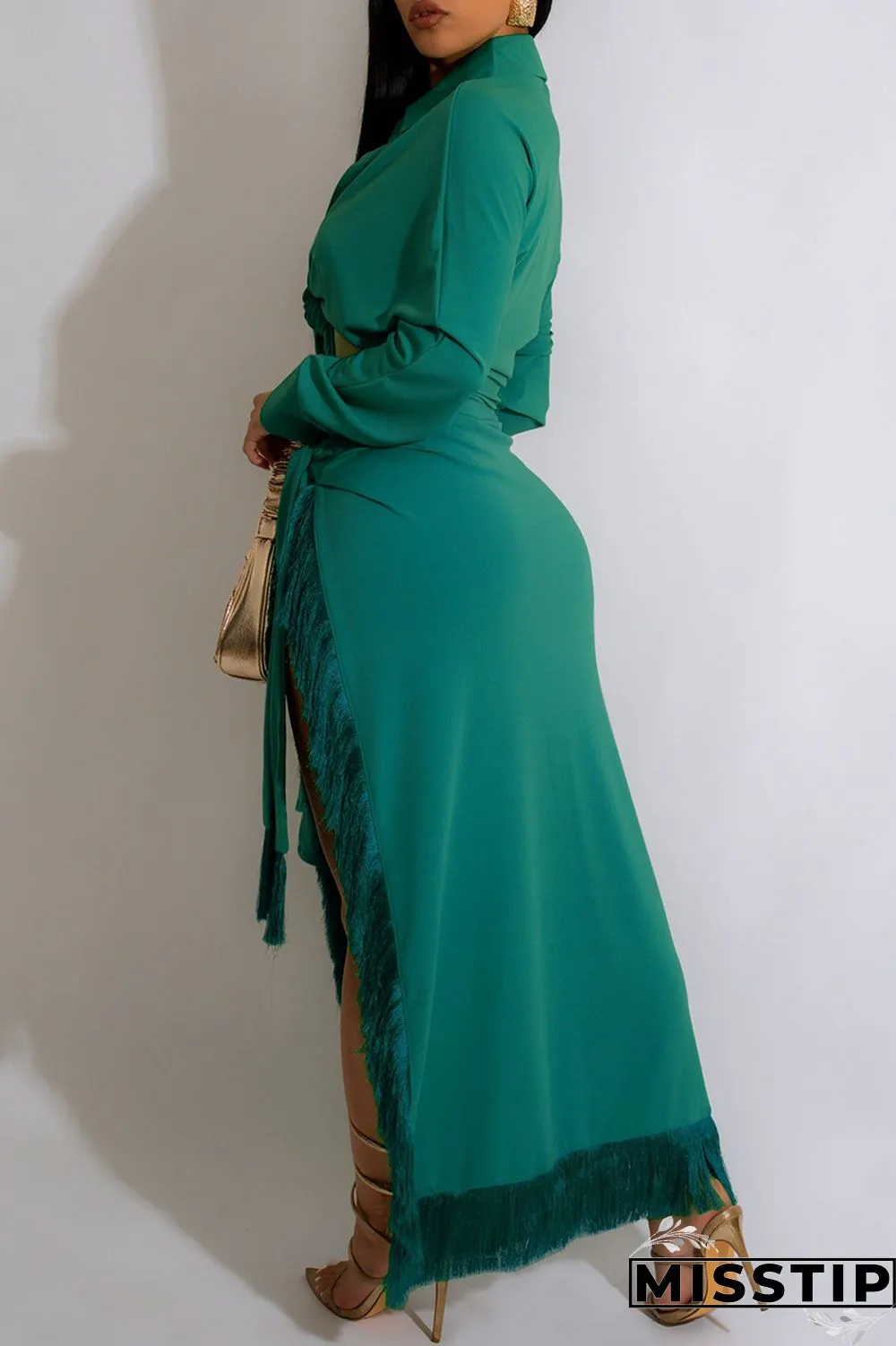 White Casual Solid Frenulum Slit Turndown Collar Long Sleeve Two Pieces