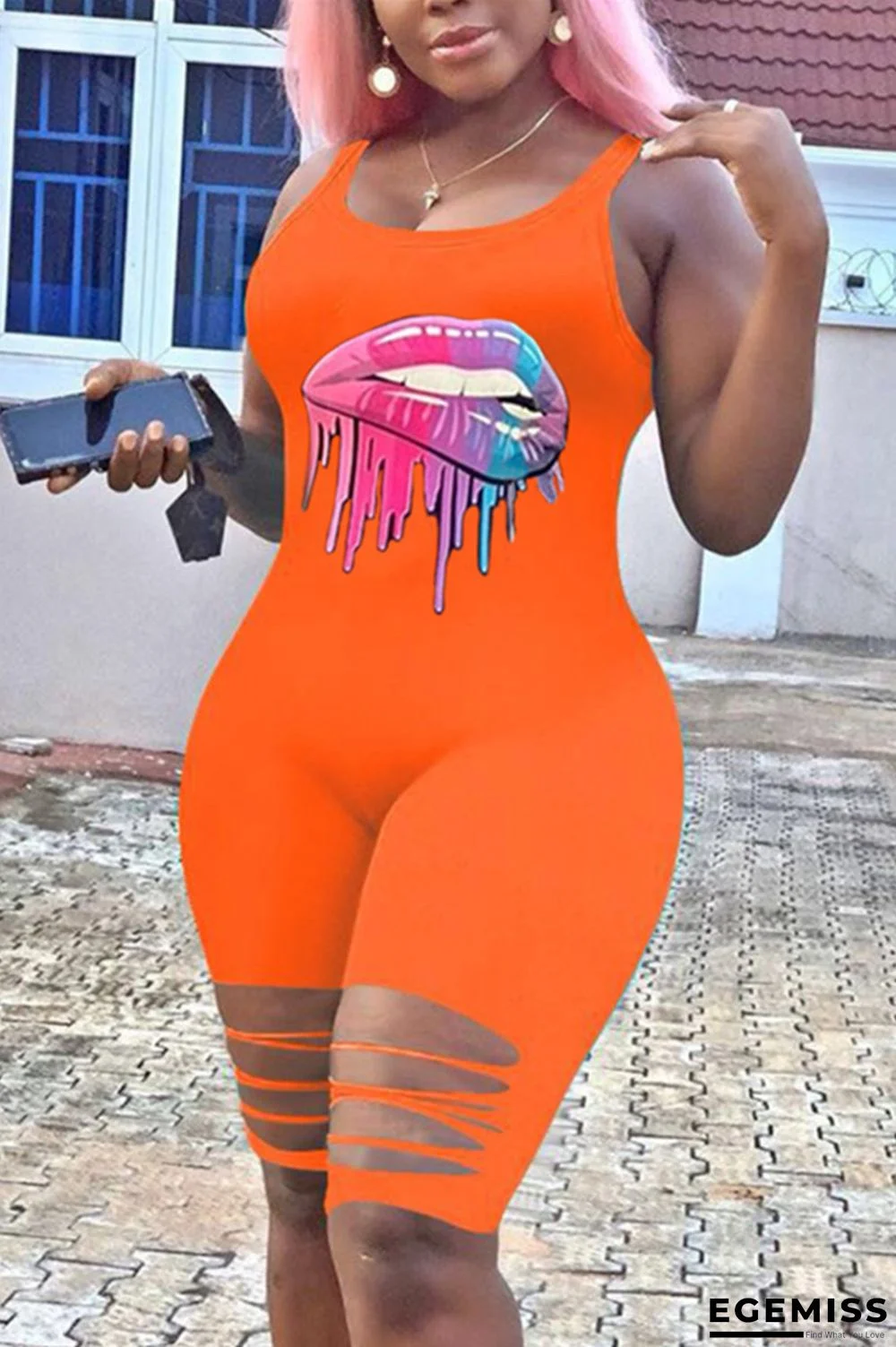 Orange Sexy Fashion Print Sleeveless Romper | EGEMISS