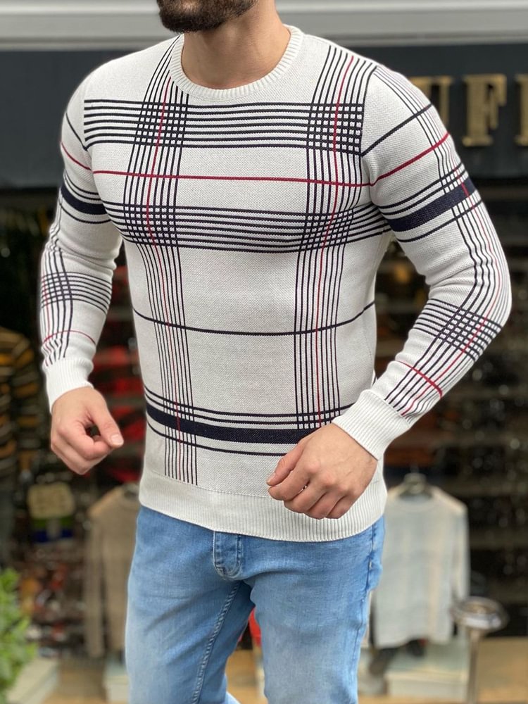 Sweater Check Jacquard Knit Sweater Round Neck Long Sleeves