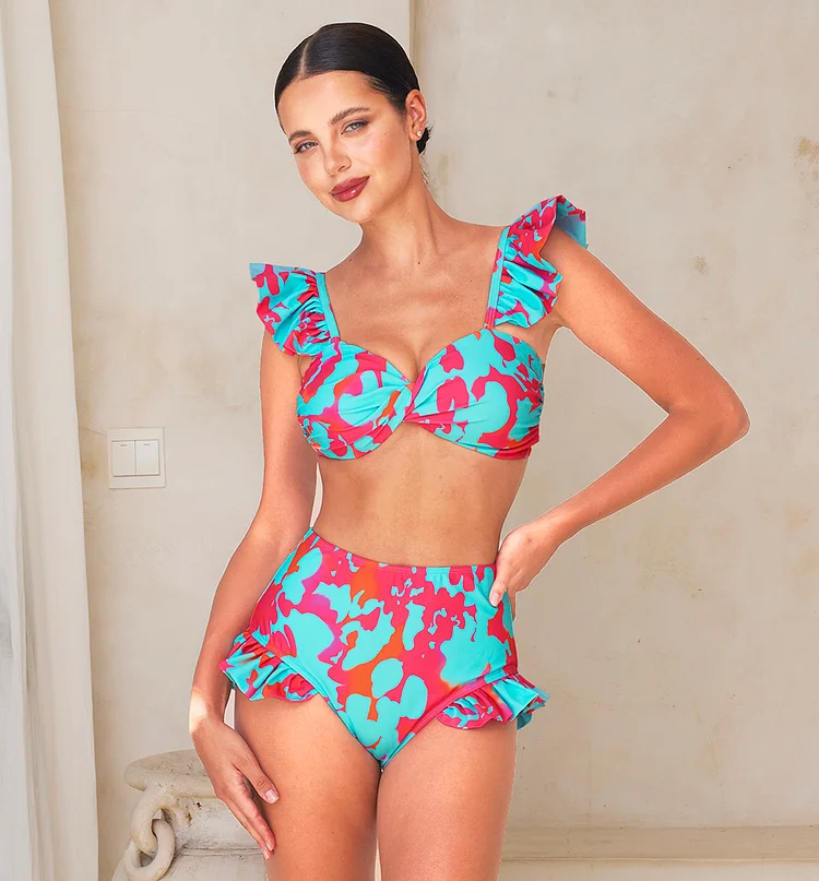 Printed Ruffle Bikini Swimsuit and Skirt