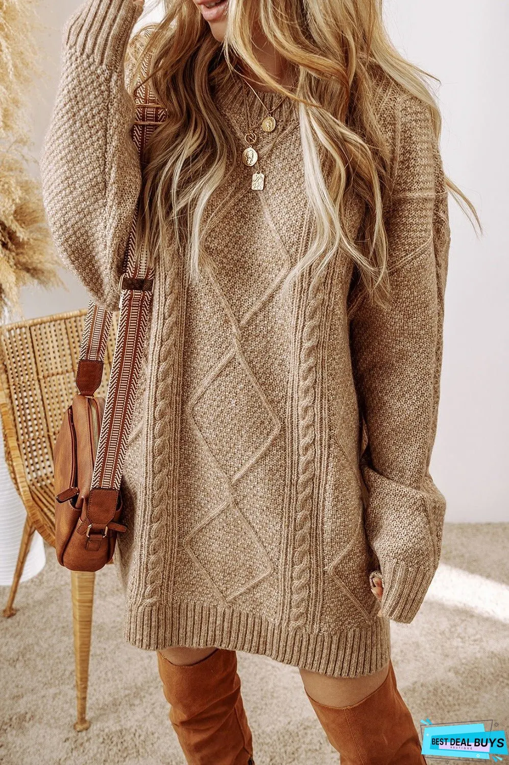 Cable-Knit Round Neck Sweater Dress