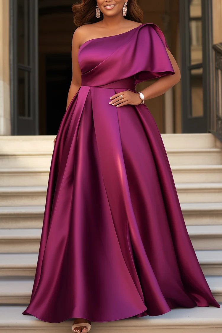 Xpluswear Design Plus Size Formal Purple Elegant Oblique Collar Satin Maxi Dresses